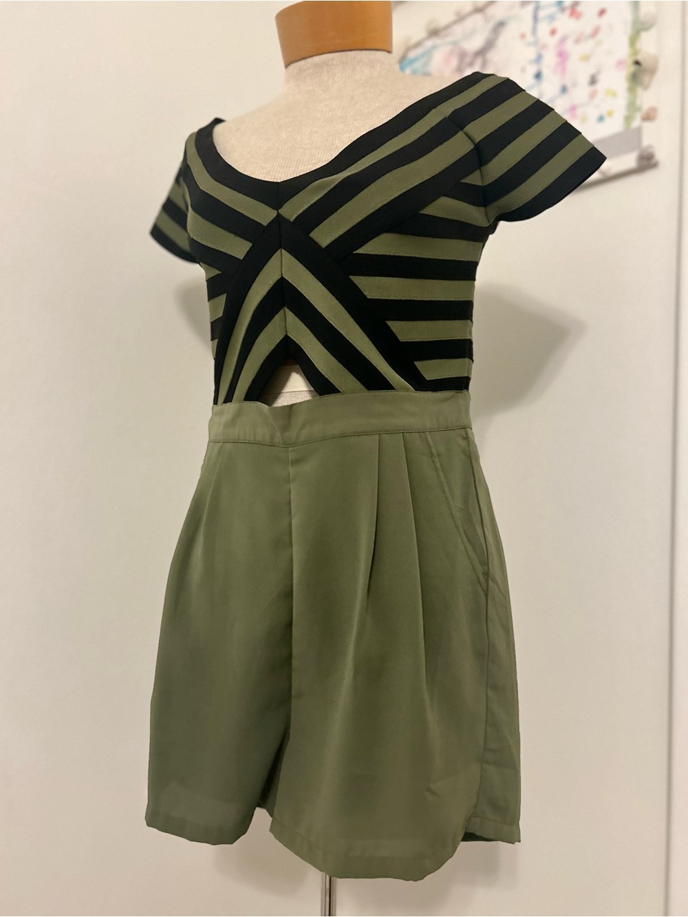 bebe Olive Green and Black Striped High-Waist Shorts